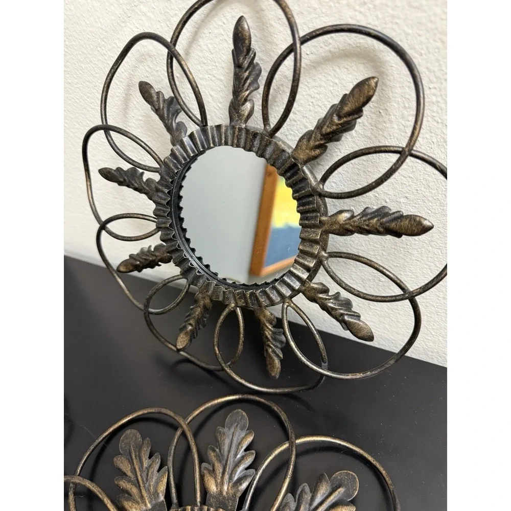 Lot of 3 Vintage Metal Flower Shaped Hanging Mirrors with Leaves Home Decor